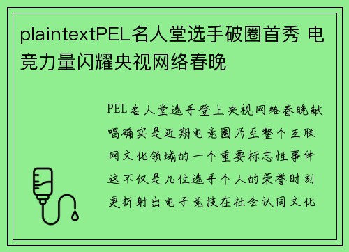 plaintextPEL名人堂选手破圈首秀 电竞力量闪耀央视网络春晚